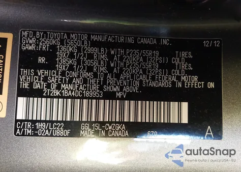 2013 Lexus Rx 350 F Sport z USA, uszkodzony, nr VIN 2T2BK1BA4DC189953